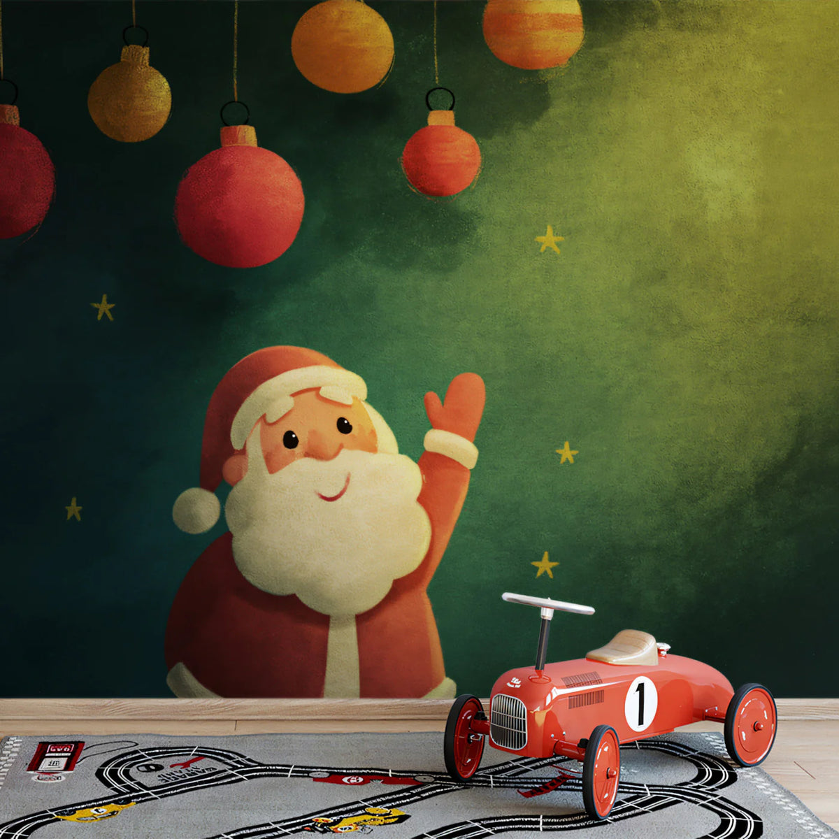 Folk Art Santa Vignette Mural Wallpaper — Whimsical Holiday Decor Mural Wallpaper - room preview 02