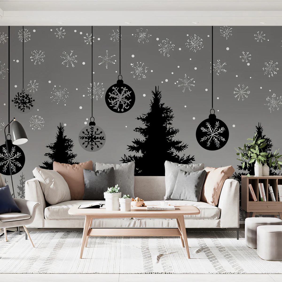 Winter Forest and Ornament Mural Wallpaper — Modern Graphic Design Mural Wallpaper - room preview 02