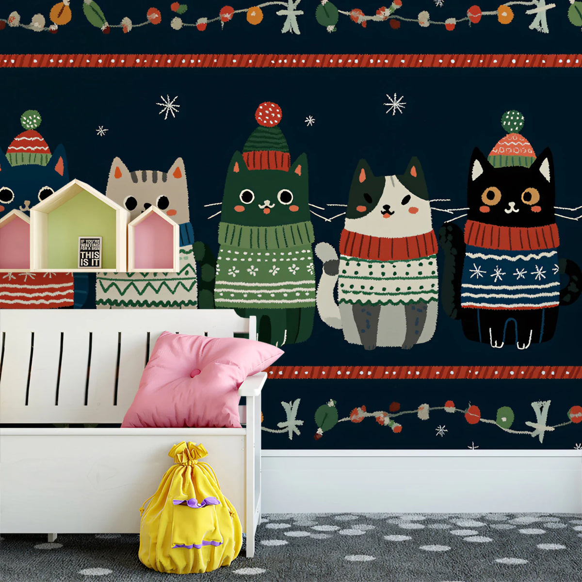 Nordic Cat Sweater Border Mural Wallpaper — Festive Folk Art Style Mural Wallpaper - room preview 02