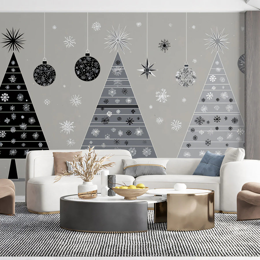 Grafische Mid-Century Weihnachtsbaum-Wandtapete – Retro-Minimalistische Wandtapete