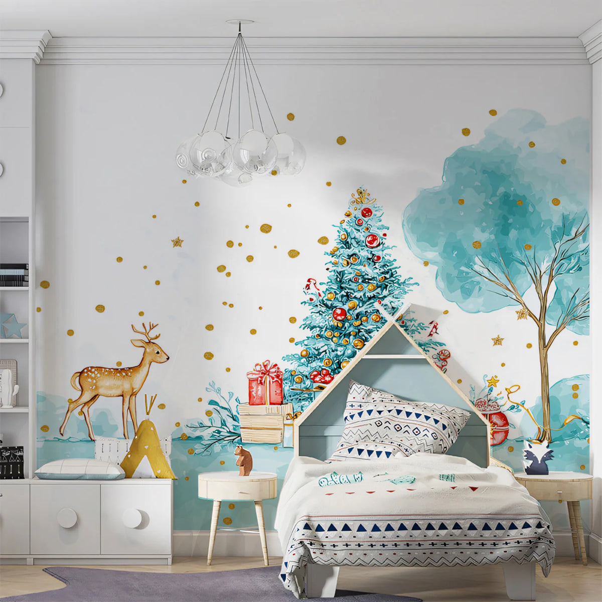 Whimsical Watercolor Christmas Forest Mural Wallpaper - room preview 02