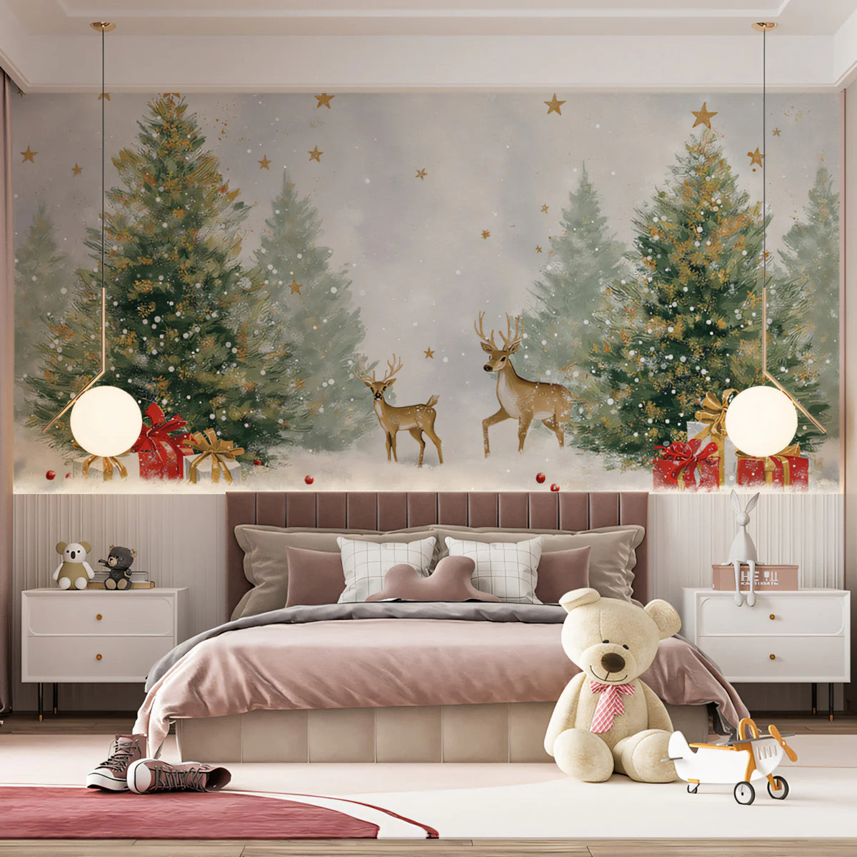 Winter Forest Deer Mural Wallpaper — Festive Gold and Green Scene Mural Wallpaper - room preview 02