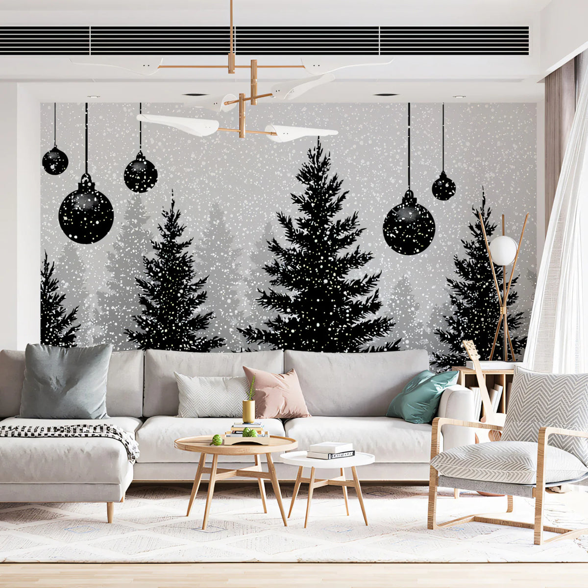 Snowy Evergreen Forest Silhouette Mural Wallpaper - room preview 02
