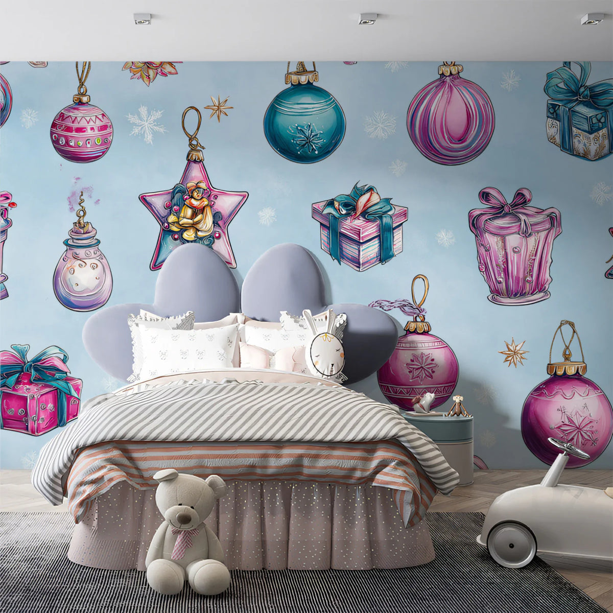 Whimsical Holiday Ornament Mural Wallpaper — Watercolor Blue & Pink Mural Wallpaper - room preview 02