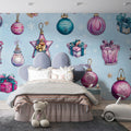 Whimsical Holiday Ornament Mural Wallpaper — Watercolor Blue & Pink Mural Wallpaper - room preview 02
