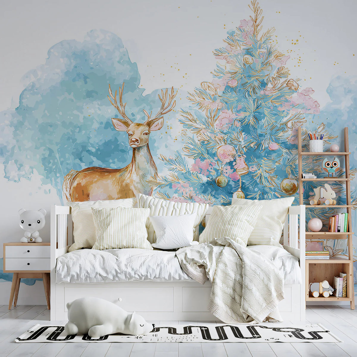 Watercolor Deer and Christmas Tree Mural — Soft Pastel Holiday Mural Wallpaper - room preview 02