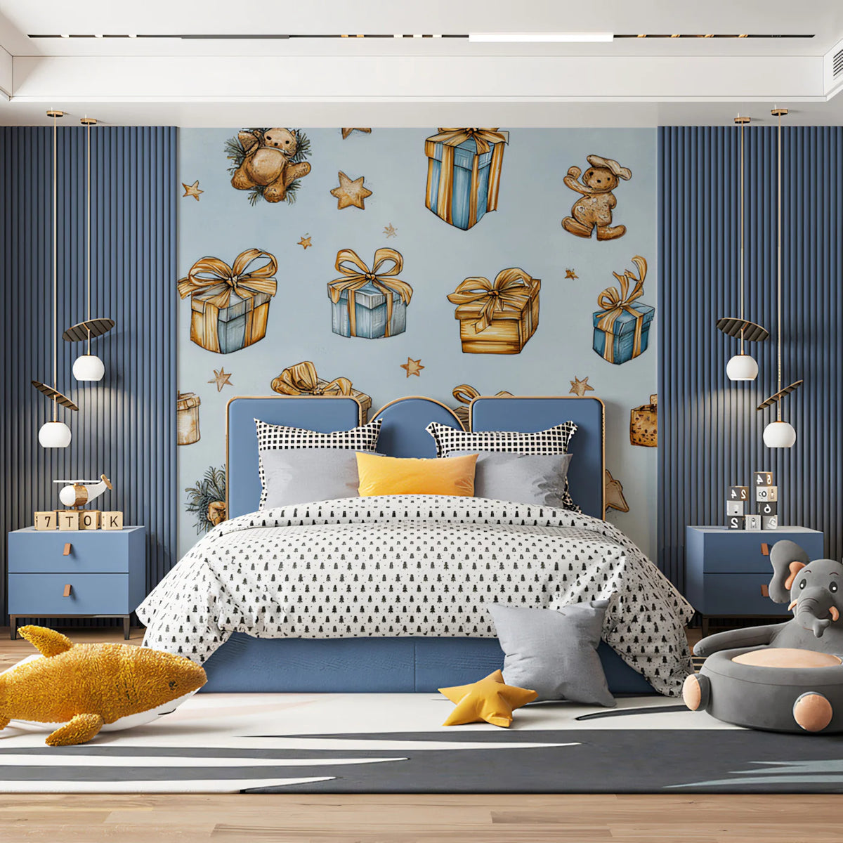 Vintage Toy and Gift Mural Wallpaper —Nostalgic Holiday Art Mural Wallpaper - room preview 02