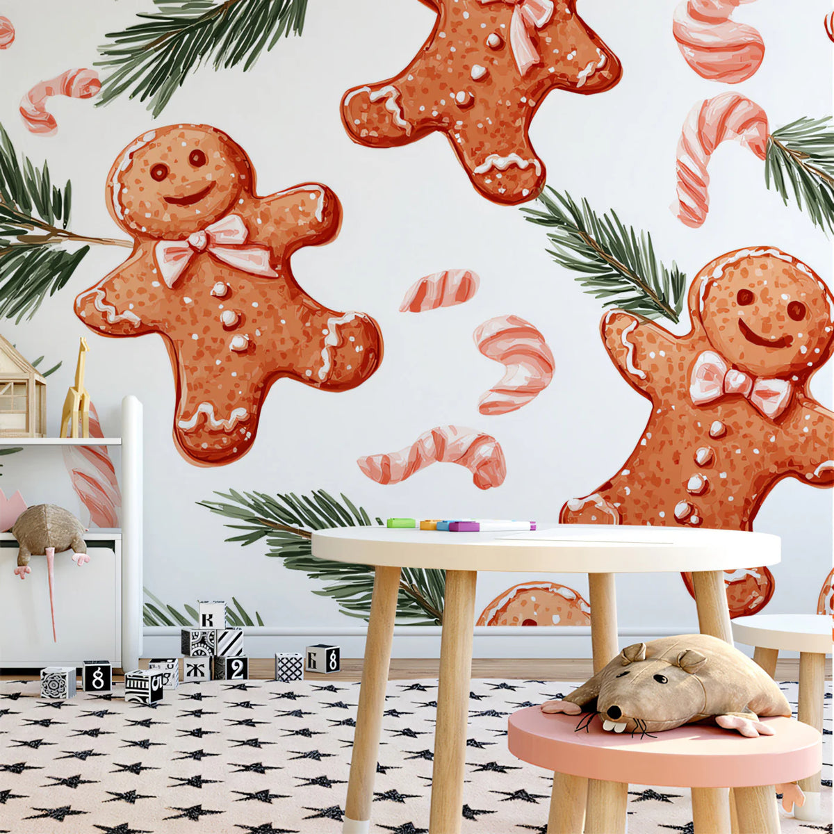 Gingerbread and Pine Branch Mural Wallpaper — Whimsical Holiday Art Mural Wallpaper - room preview 02