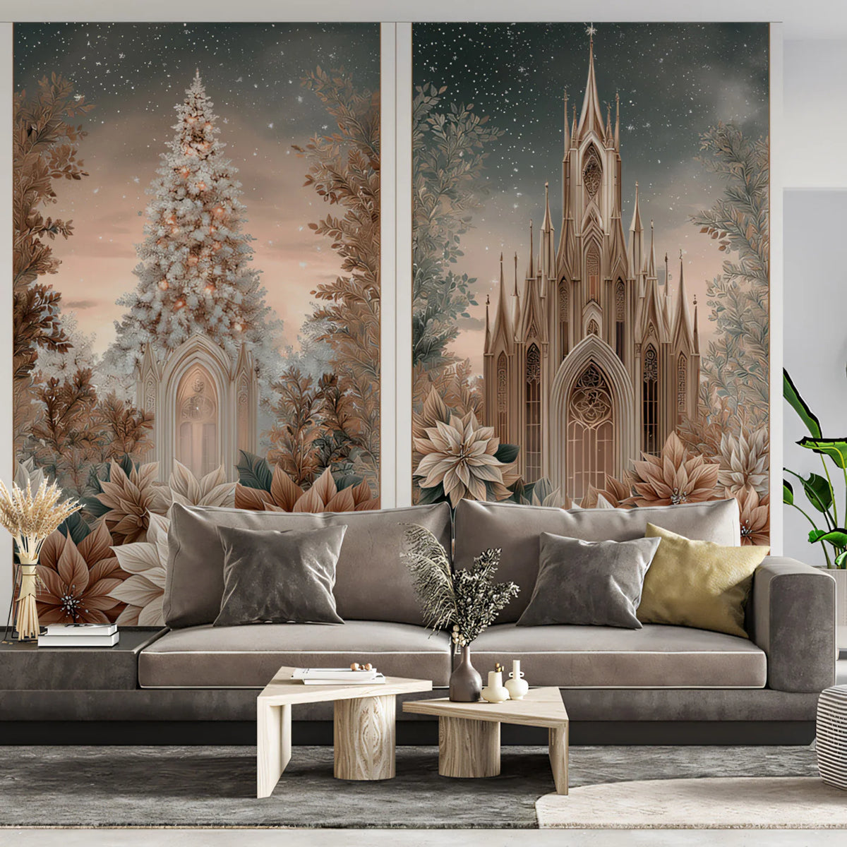 Gothic Poinsettia Triptych Mural Wallpaper — Antique Sepia Finish Mural Wallpaper - room preview 02