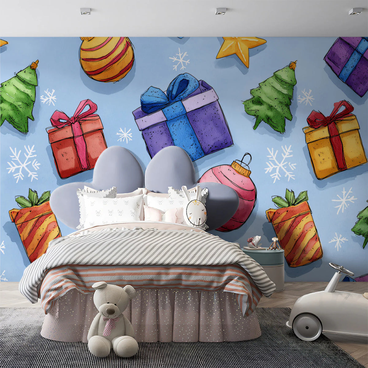 Watercolor Holiday Gifts Mural Wallpaper — Playful Festive Pattern Mural Wallpaper - room preview 02
