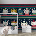 Festive Cat Knit Mural Wallpaper — Whimsical Holiday Striped Pattern Mural Wallpaper - room preview 02