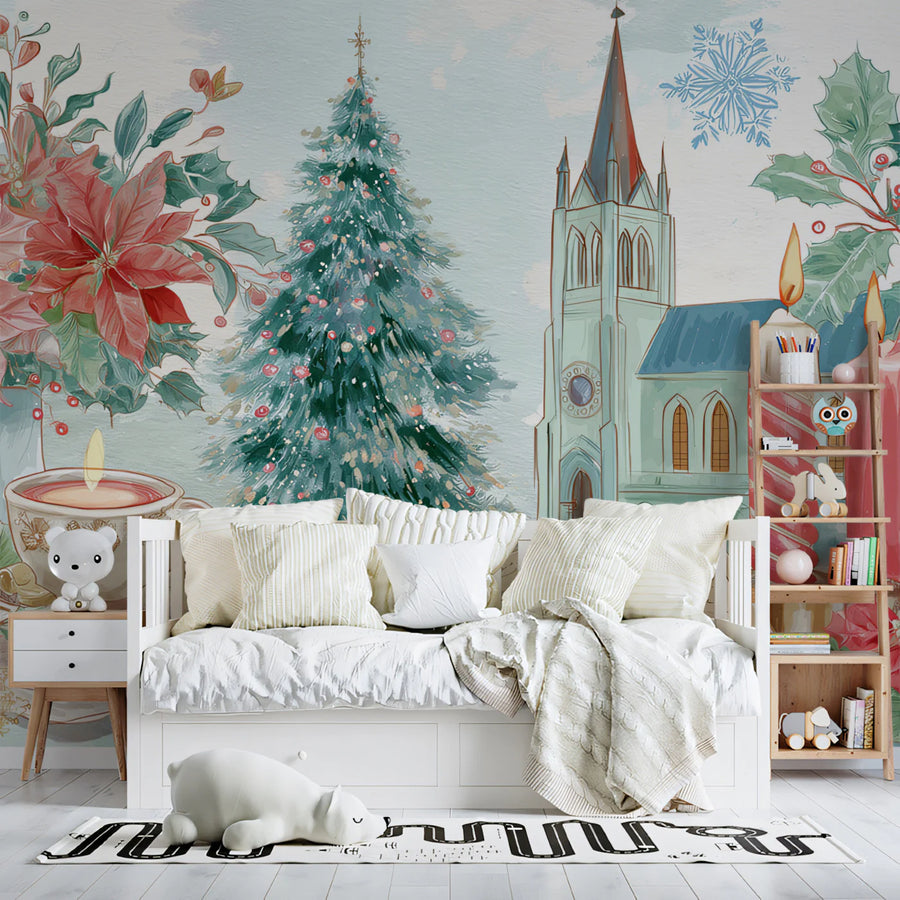 Floral Wallpaper Mural – Flower Wallpaper – Winter Storybook Holiday Floral