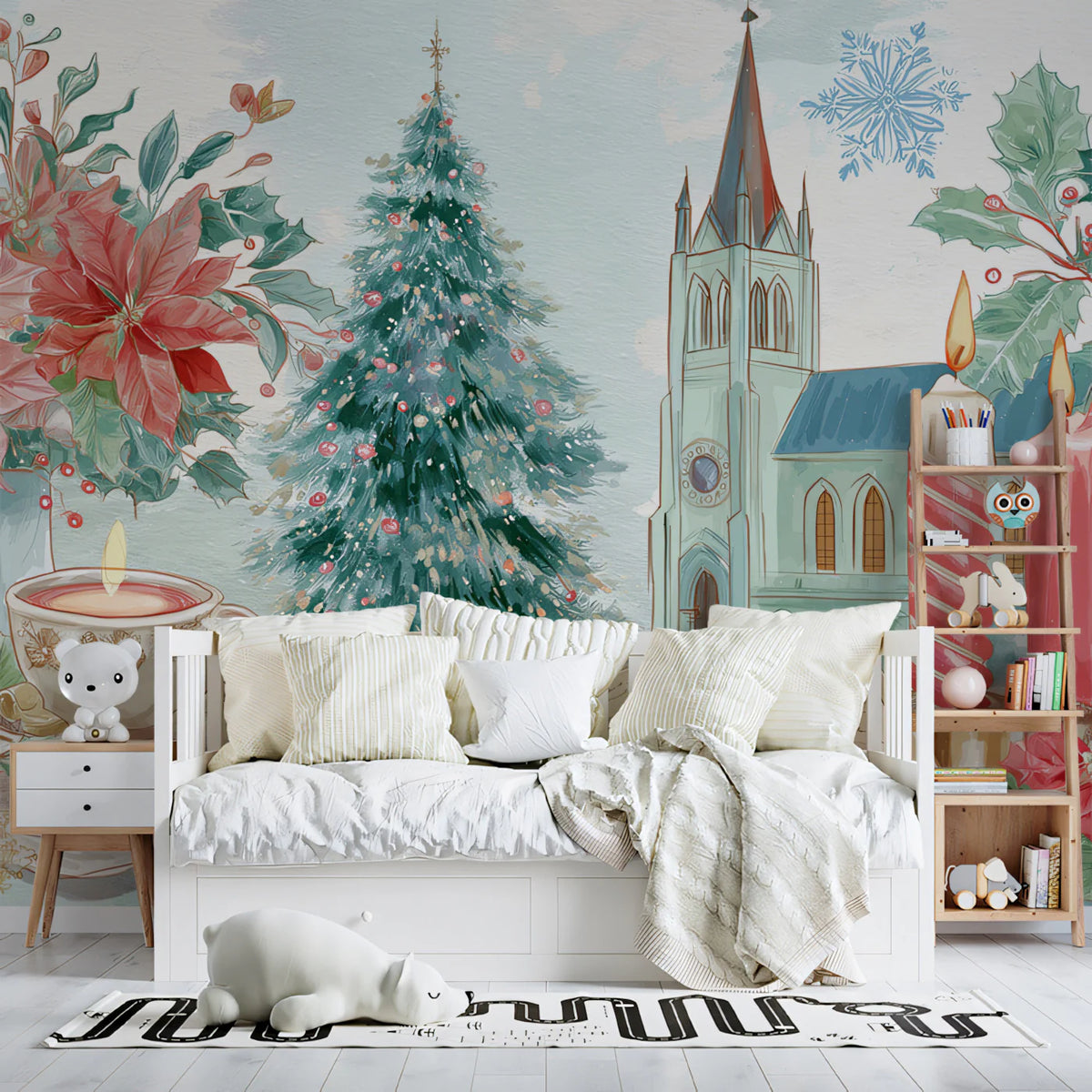 Winter Storybook Holiday Floral Mural Wallpaper - room preview 02
