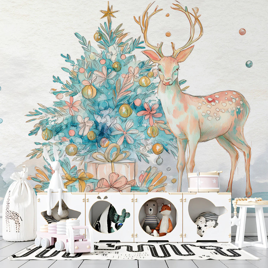 Watercolor Wallpaper Mural – Watercolour Wall Mural – Watercolor Deer and Festive Tree Whimsical Art
