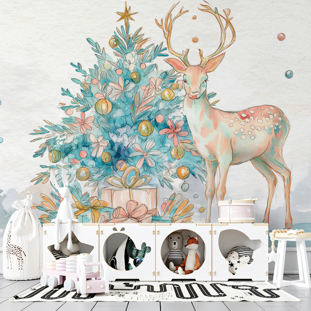 Watercolor Deer and Festive Tree Mural Wallpaper Whimsical Art Mural Wallpaper - room preview 02