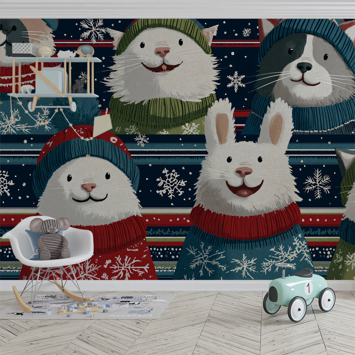 Cozy Holiday Critters Mural Wallpaper — Whimsical Festive Pattern Mural Wallpaper - room preview 02