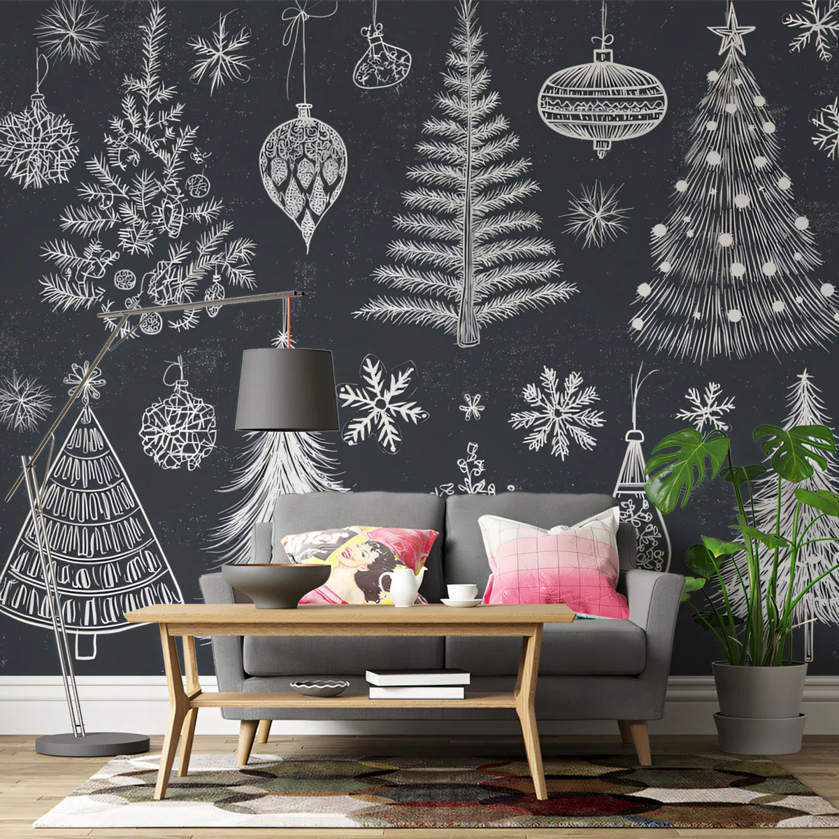 Chalkboard Christmas Sketch Mural Wallpaper —Hand-Drawn Holiday Art Mural Wallpaper - room preview 02