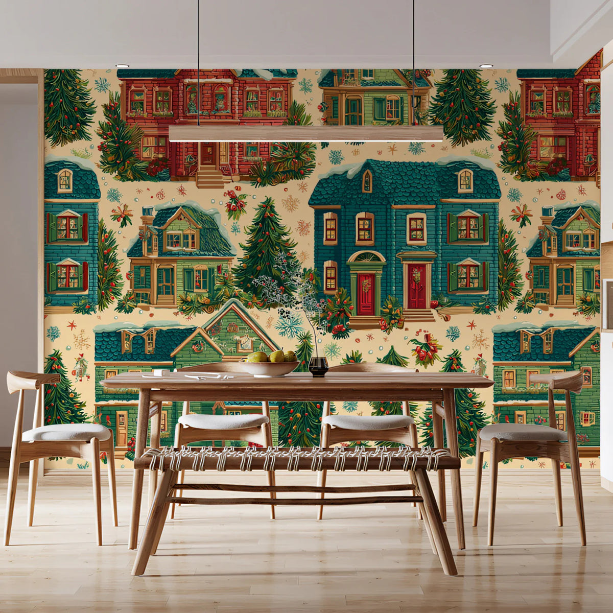 Winter Village Cottage Mural Wallpaper — Nostalgic Holiday Pattern Mural Wallpaper - room preview 02