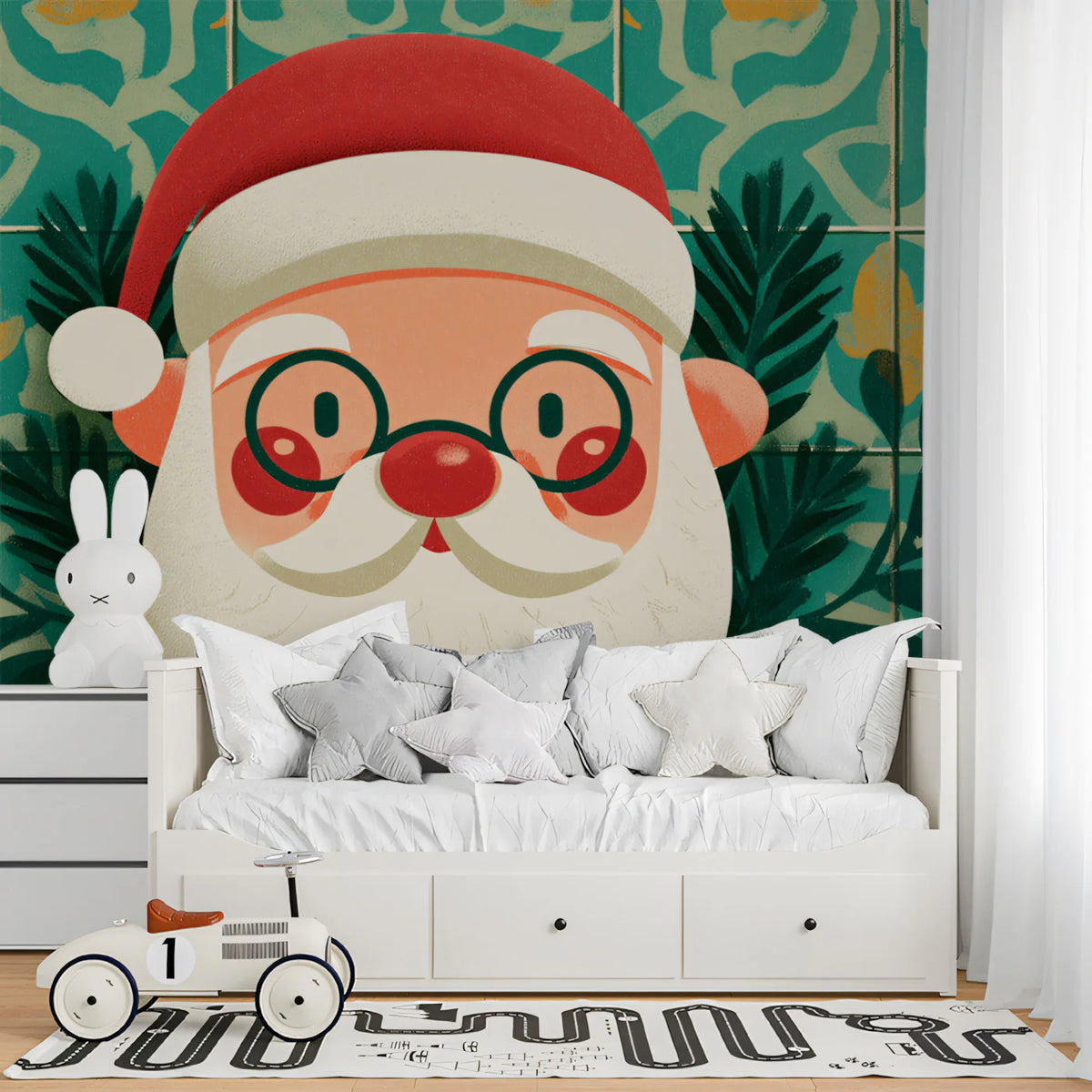 Santa Face and Portuguese Tile Mural Wallpaper — Whimsical Holiday Mural Wallpaper - room preview 02