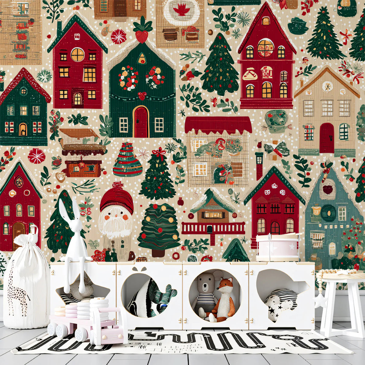 Folk Art Christmas Village Mural Wallpaper — Whimsical Holiday Decor Mural Wallpaper - room preview 02
