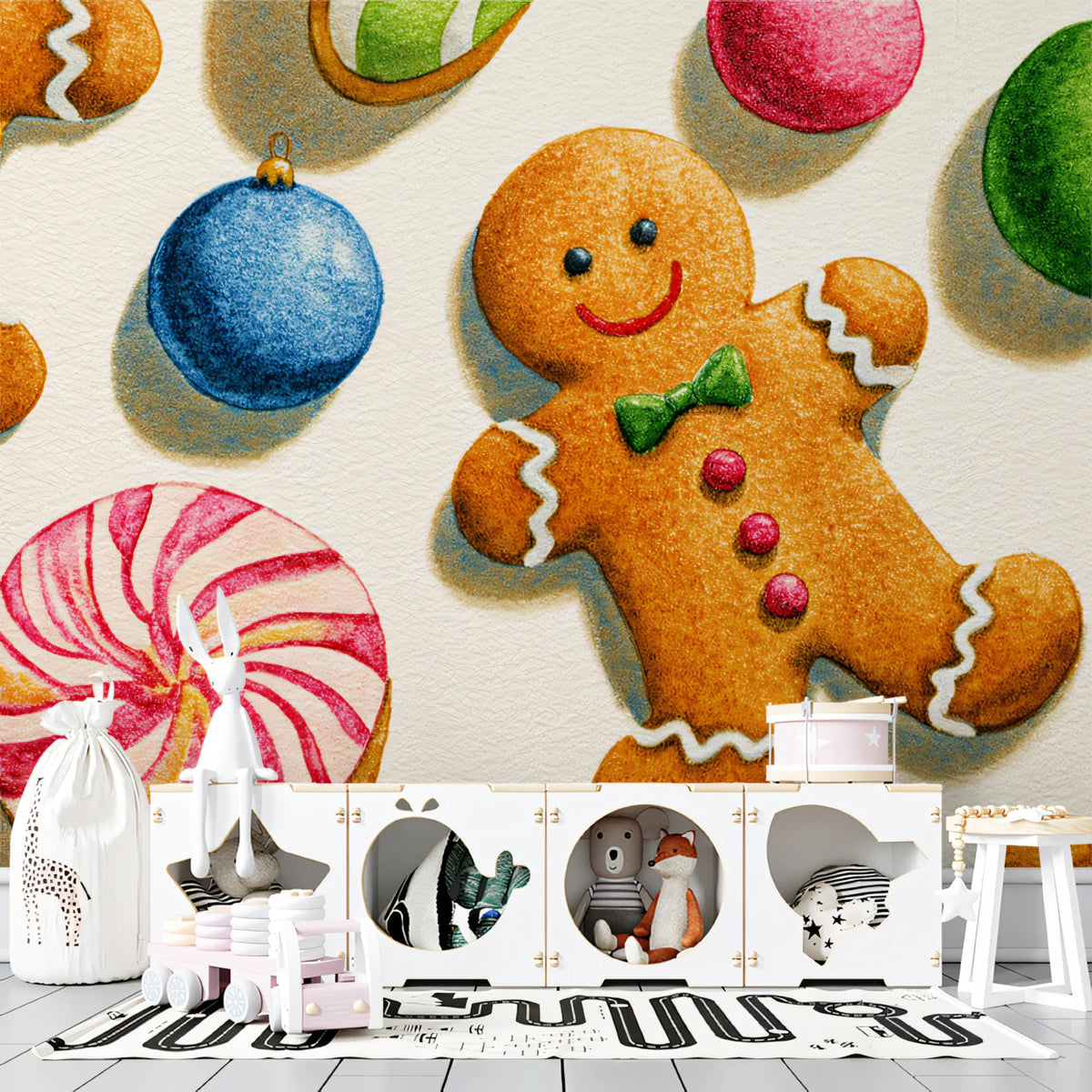 Gingerbread and Ornament Holiday Illustration Mural Wallpaper - room preview 02