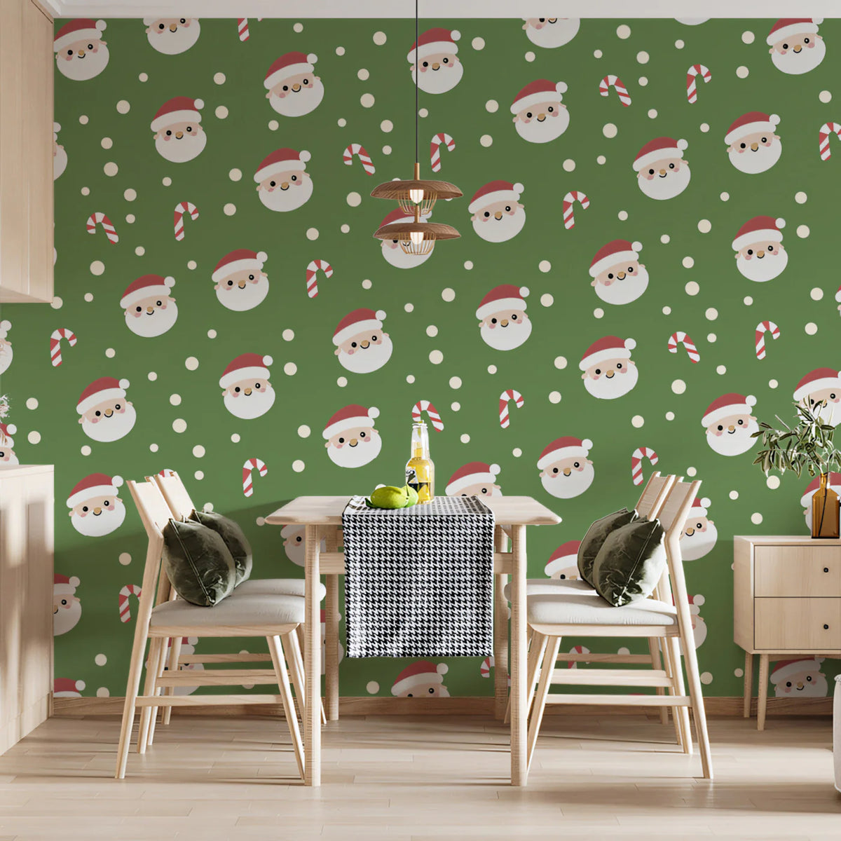 Festive Santa and Candy Cane Mural Wallpaper — Playful Green Mural Wallpaper - room preview 02