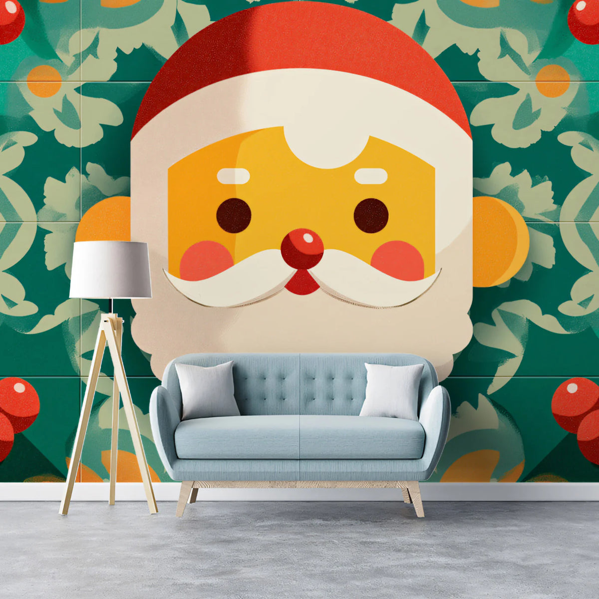 Santa Poinsettia Tile Mural Wallpaper —Festive Holiday Motif Mural Wallpaper - room preview 02