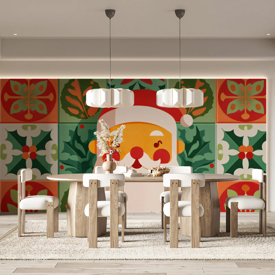 Geometric Wallpaper Mural – Pattern Wall Mural – Santa Folk Art Tile — Festive Geometric Design