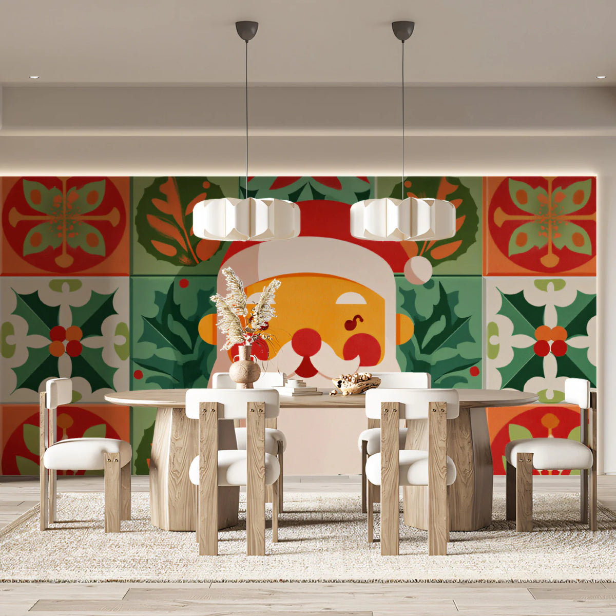 Santa Folk Art Tile Mural Wallpaper — Festive Geometric Design Mural Wallpaper - room preview 02