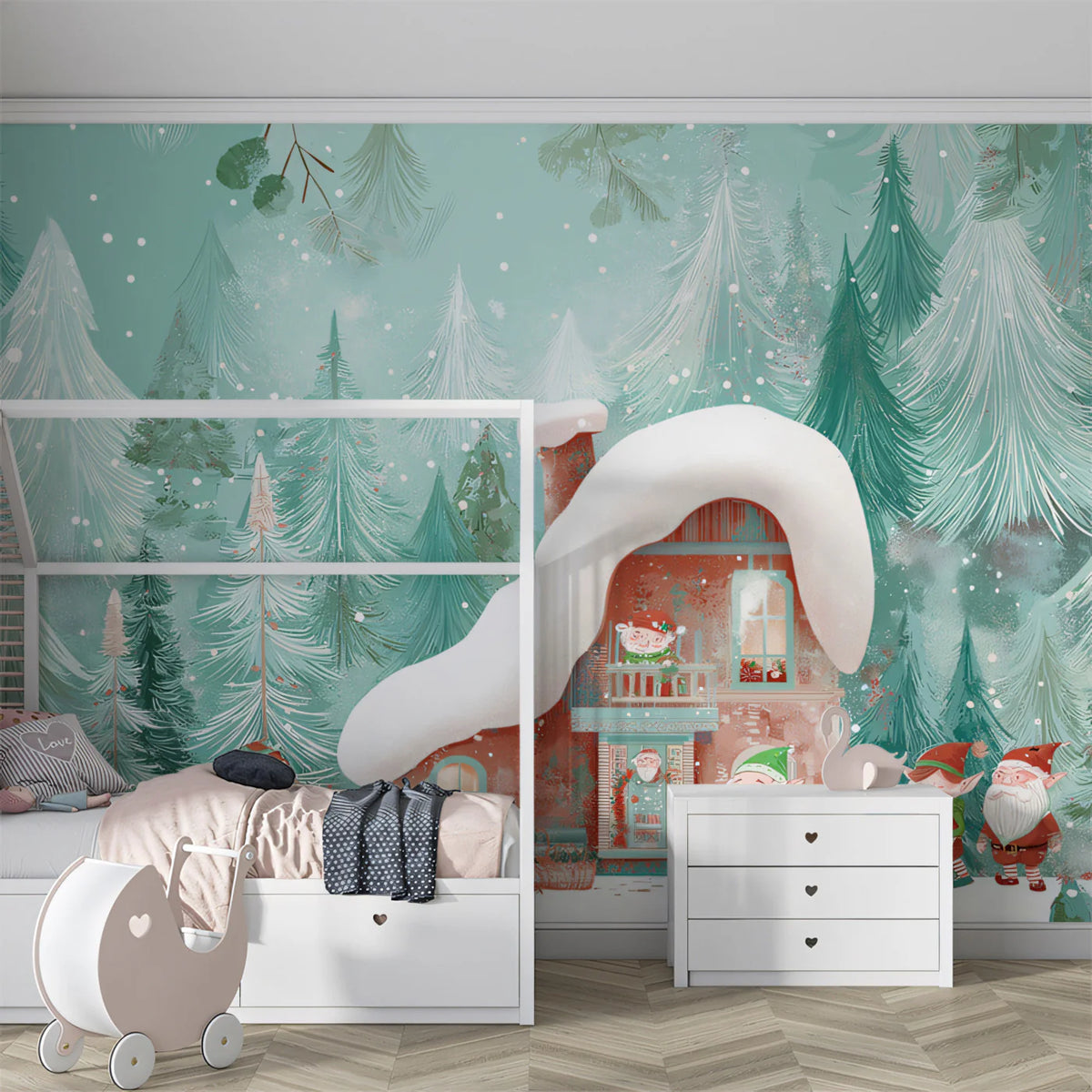 Snowy Elf Cottage Winter Mural Wallpaper — Whimsical Storybook Scene Mural Wallpaper - room preview 02