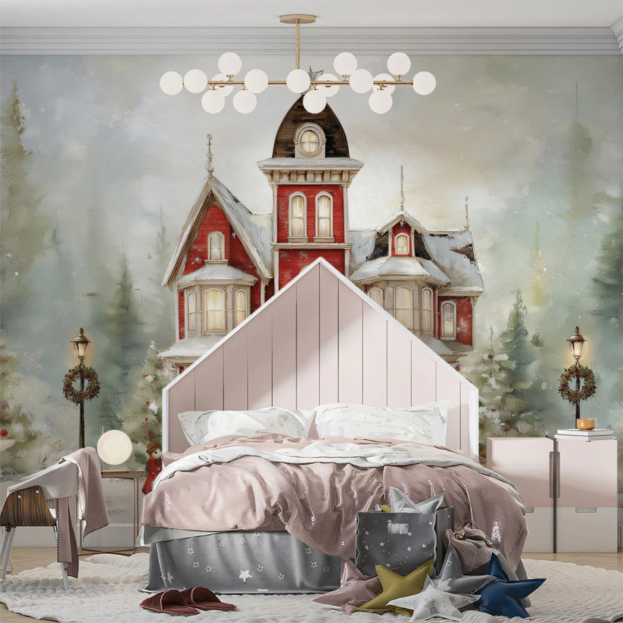 Kids Room Wallpaper Mural – Children Wall Mural – Victorian Mansion Winter Scene — Festive Holiday Art