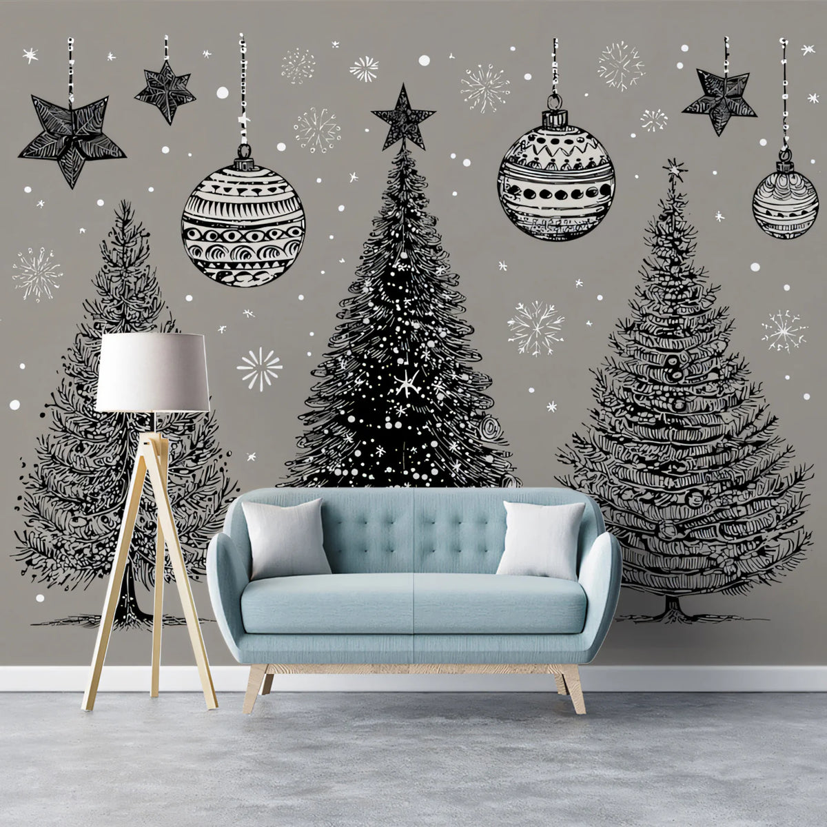 Engraved Christmas Tree Trio Mural Wallpaper — Festive Sketch Art Mural Wallpaper - room preview 02