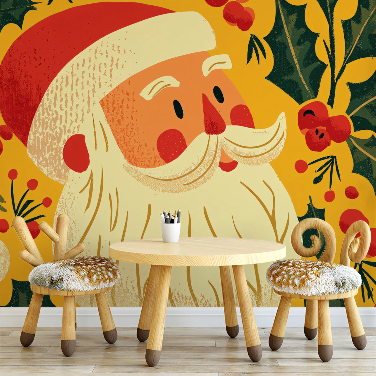 Retro Santa and Holly Mural Wallpaper —Festive Pop Art Style Mural Wallpaper - room preview 02