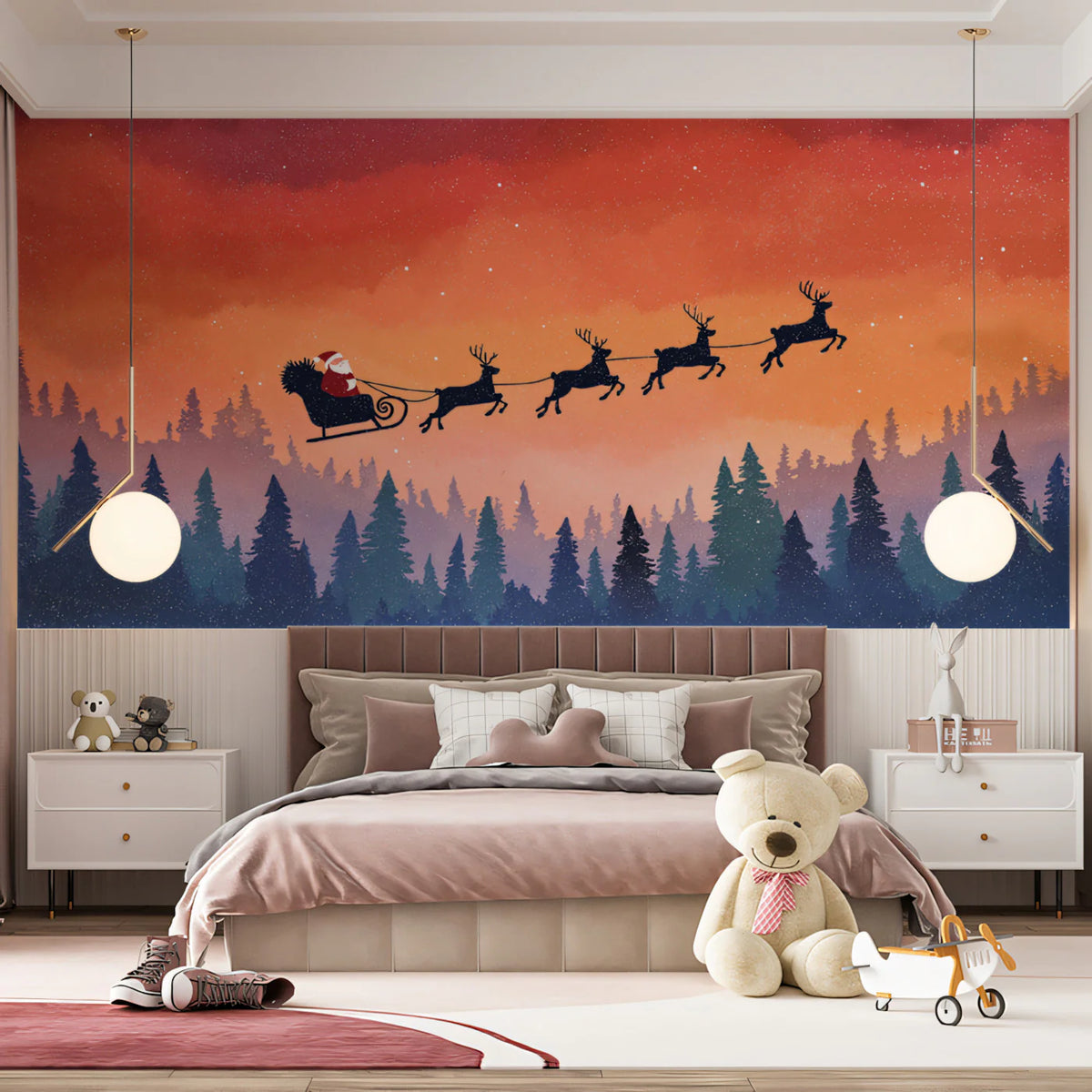 Arctic Sleigh Ride Mural Wallpaper — Festive Sunset Landscape Mural Wallpaper - room preview 02