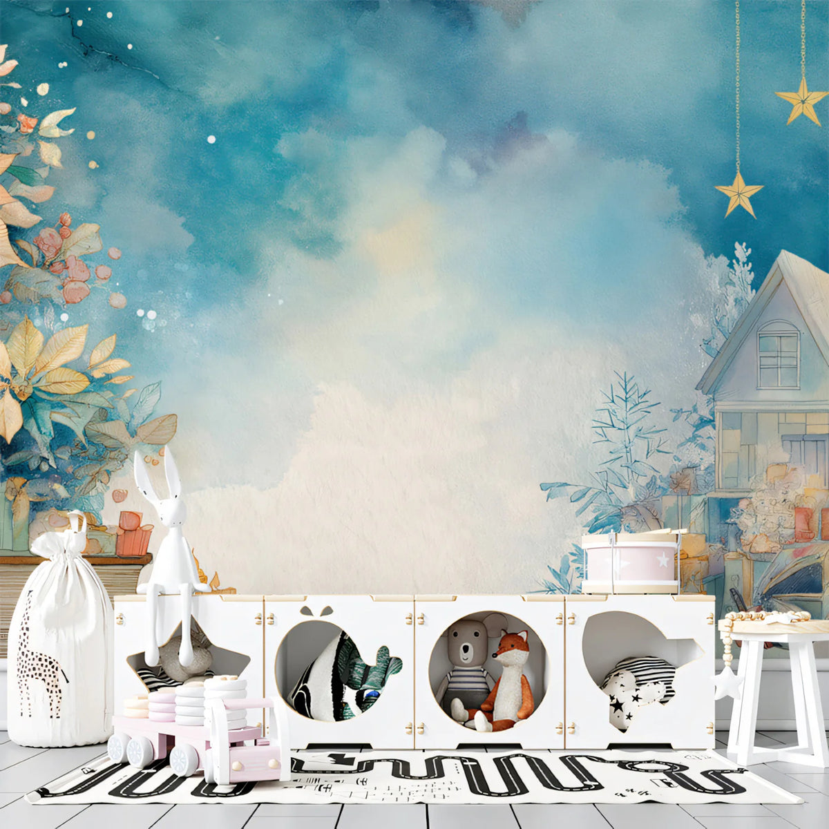 Watercolor Winter Scene Mural Wallpaper — Soft Seasonal Charm Mural Wallpaper - room preview 02
