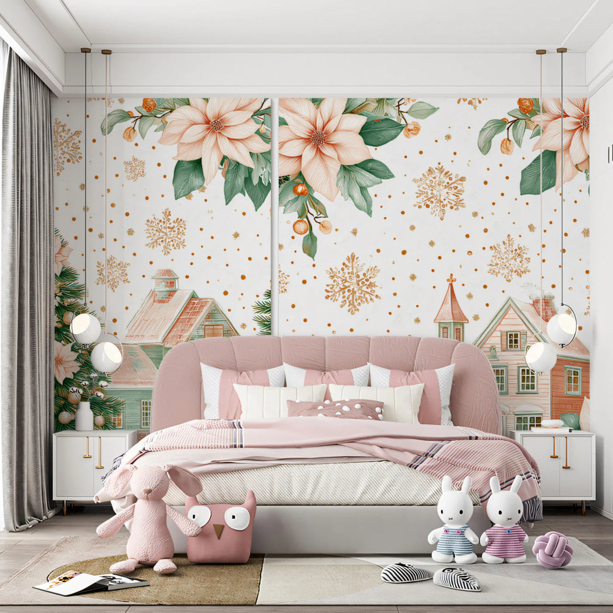 Pastel Winter Village Mural Wallpaper with Poinsettia Accents Mural Wallpaper - room preview 02