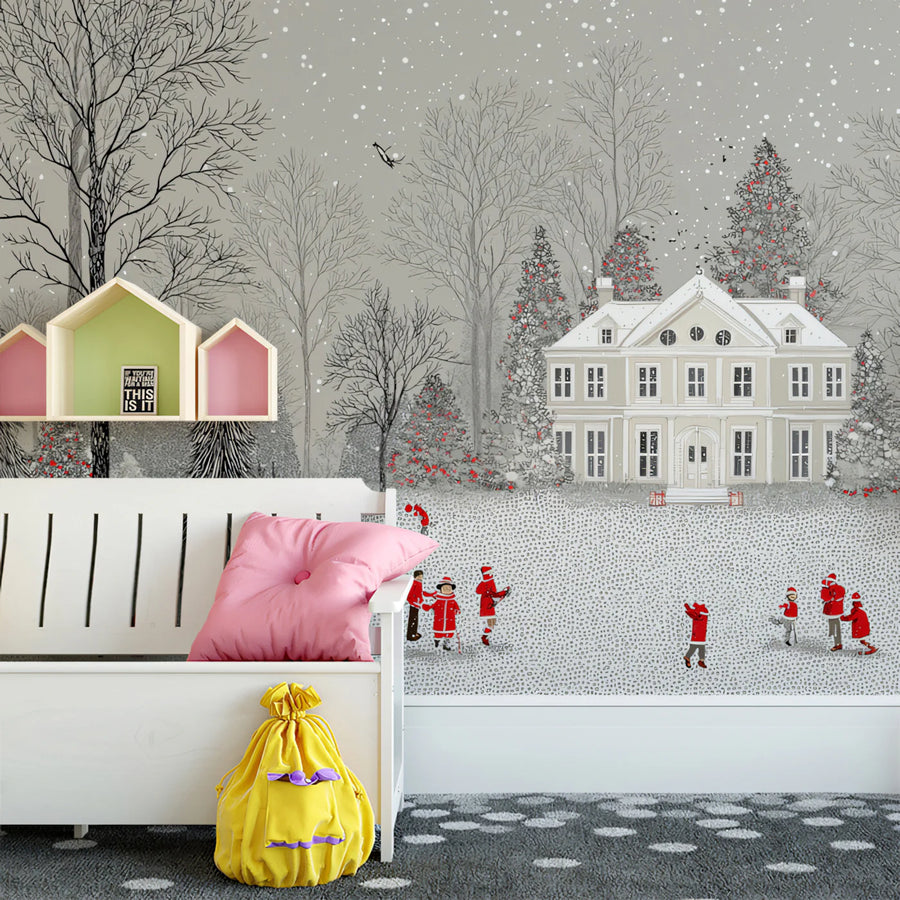 Landscape Wallpaper Mural – Scenery Wall Mural – Winter Mansion Landscape — Whimsical Red Accents