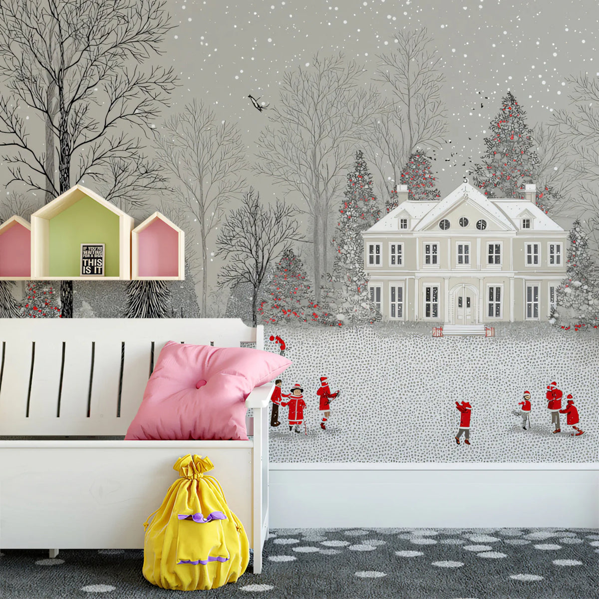 Winter Mansion Landscape Mural Wallpaper — Whimsical Red Accents Mural Wallpaper - room preview 02