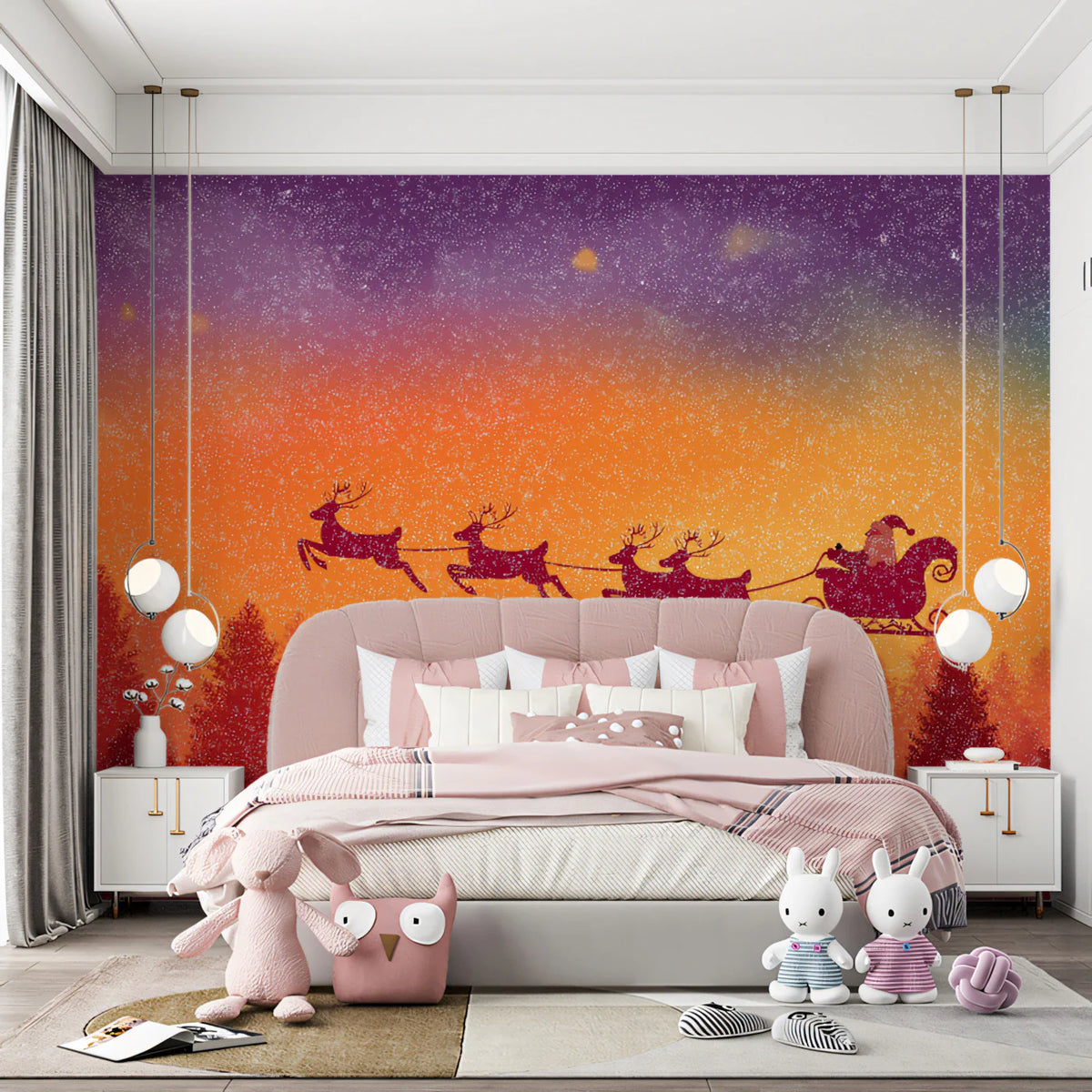 Sleigh Ride Silhouette Mural Wallpaper — Vibrant Arctic Gradient Mural Wallpaper - room preview 02