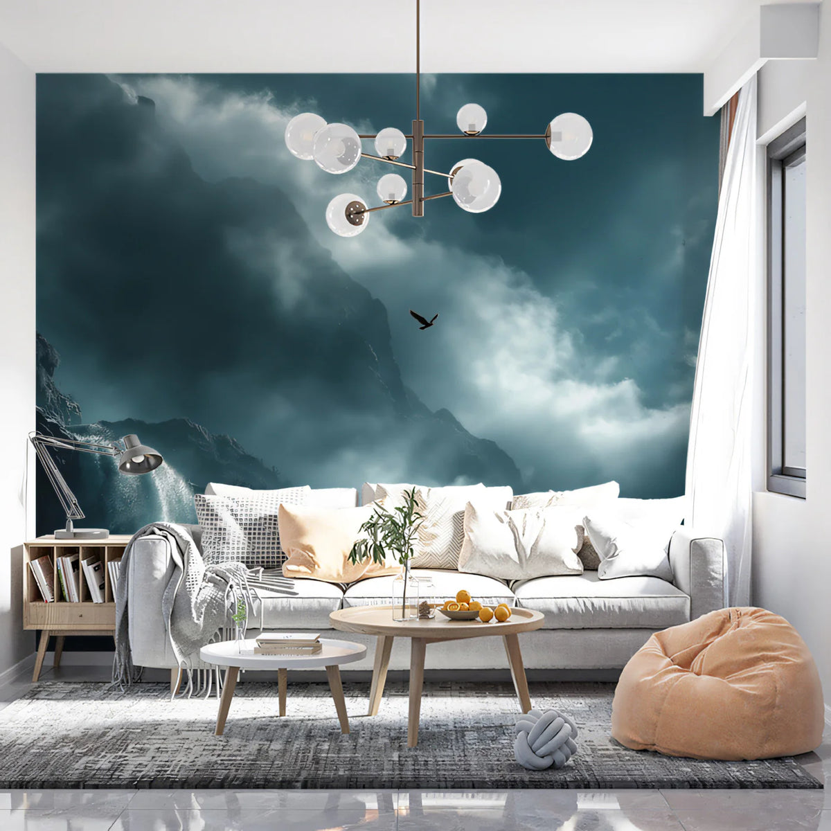 Mist-Covered Waterfall Mural Wallpaper — Moody Teal Mountain Scene Mural Wallpaper - room preview 02