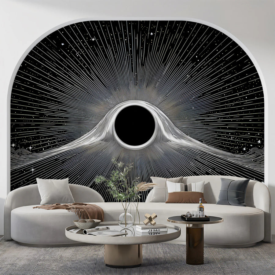 Galaxy Wallpaper Mural – Space Wall Mural – Black Hole Distortion — Monochromatic Cosmic Art