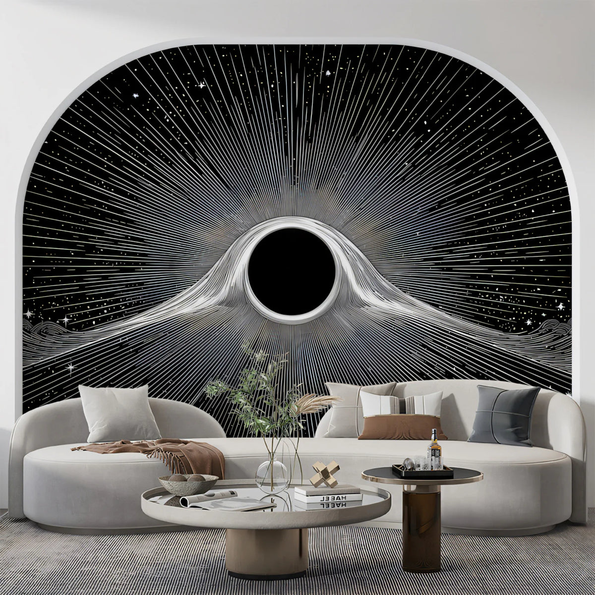 Black Hole Distortion Mural Wallpaper — Monochromatic Cosmic Art Mural Wallpaper - room preview 02