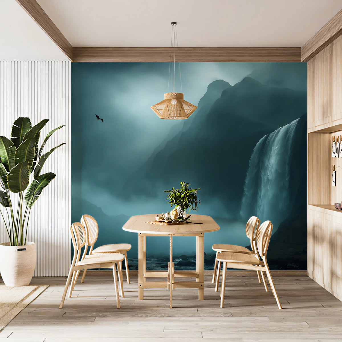 Misty Mountain Waterfall Mural Wallpaper — Cinematic Dark Landscape Mural Wallpaper - room preview 02