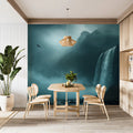 Misty Mountain Waterfall Mural Wallpaper — Cinematic Dark Landscape Mural Wallpaper - room preview 02