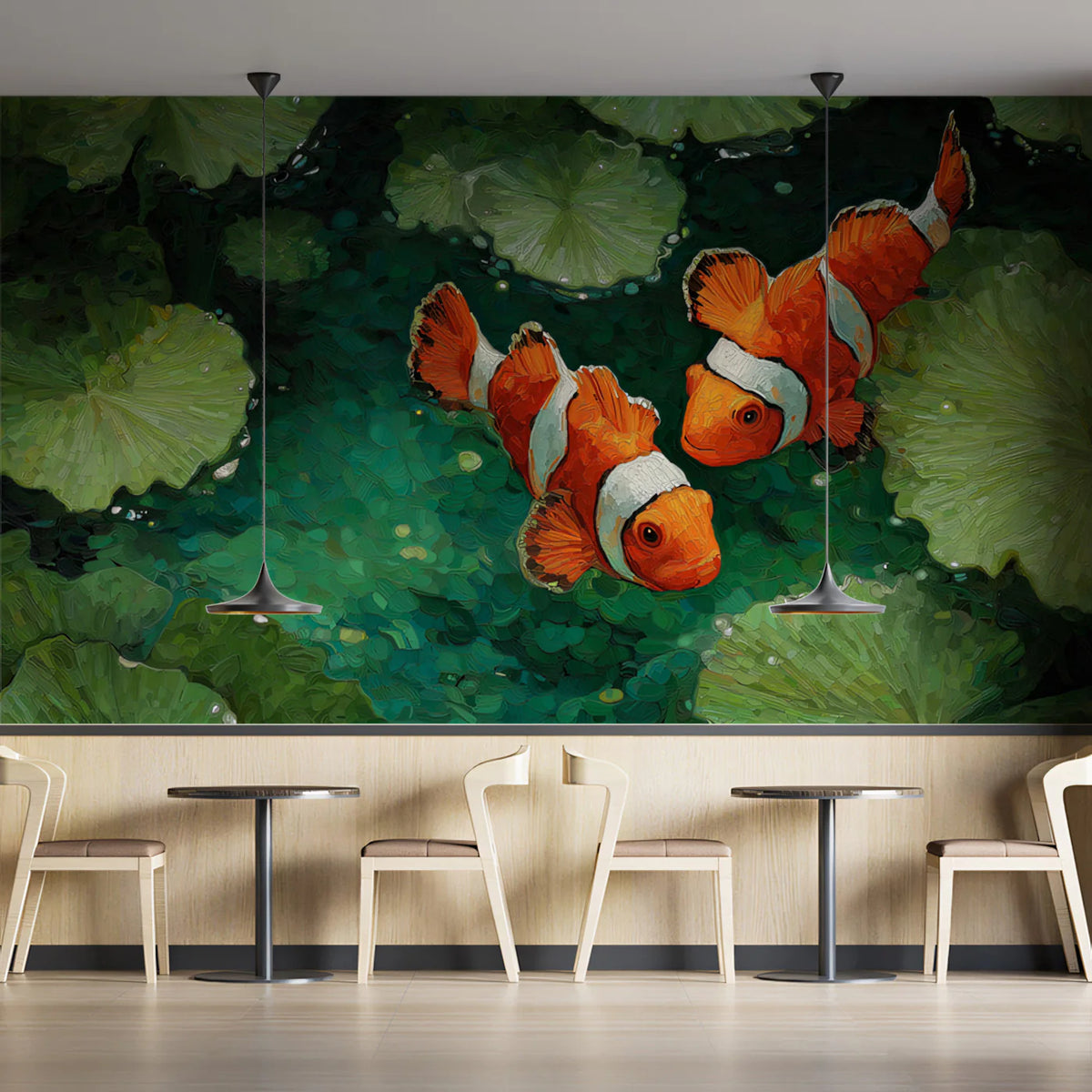 Clownfish Lily Pad Pond Mural Wallpaper — Artistic Marine Scene Mural Wallpaper - room preview 02