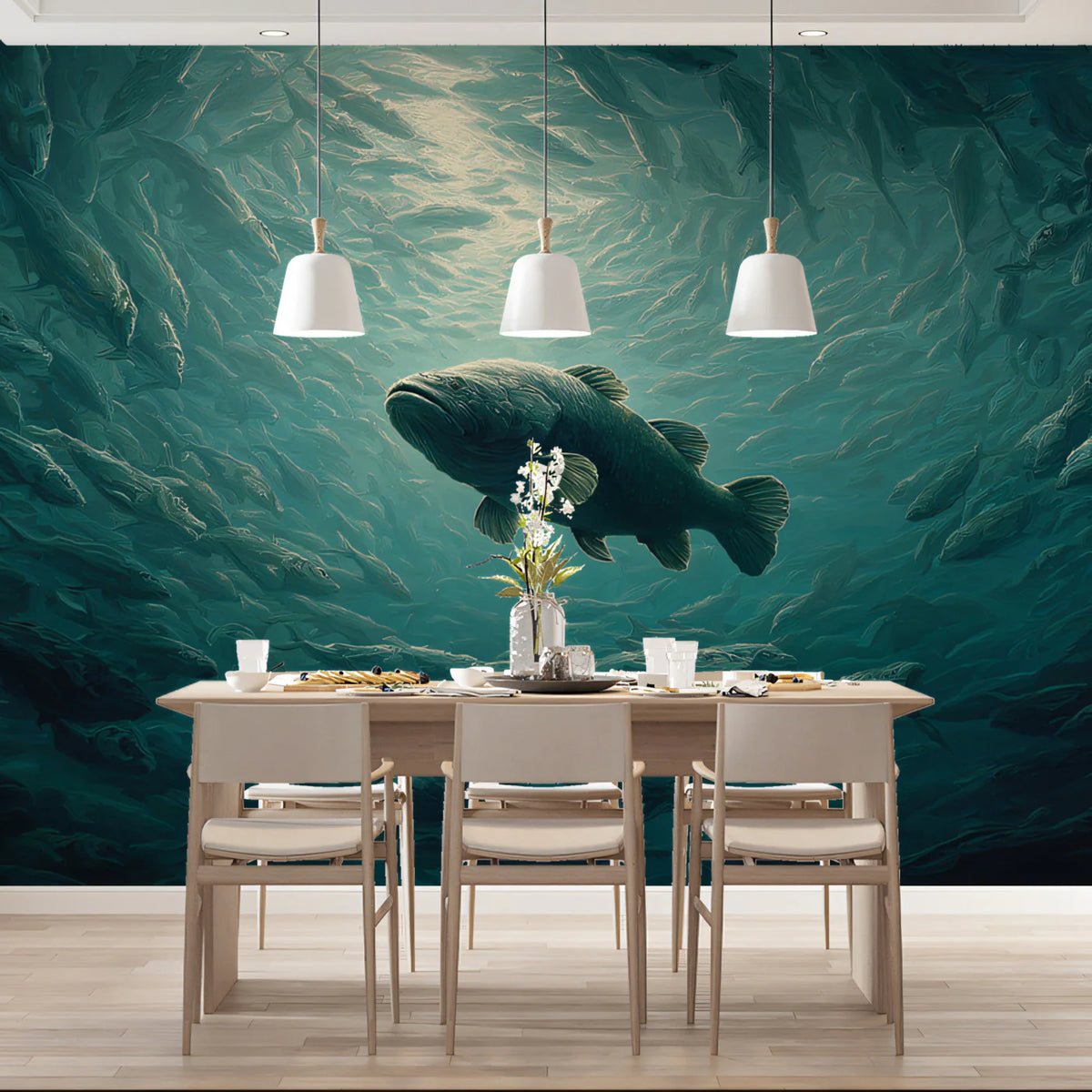 Deep Sea Schooling Fish Mural Wallpaper — Oil Painting Style Mural Wallpaper - room preview 02