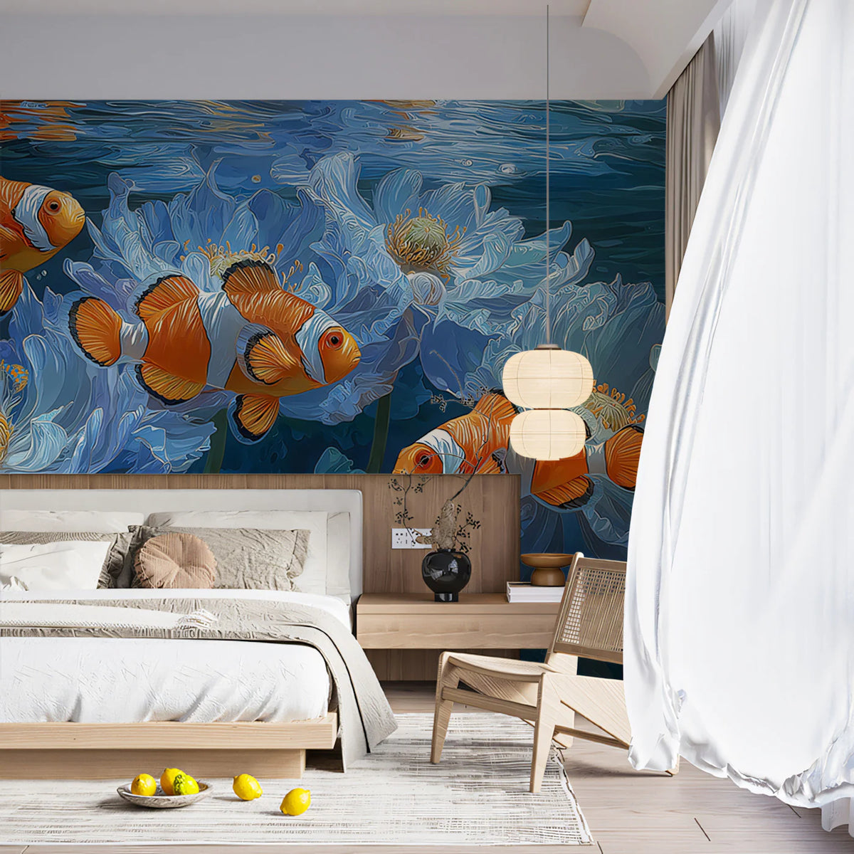 Clownfish and Blue Bloom Mural Wallpaper — Surreal Underwater Art Mural Wallpaper - room preview 02
