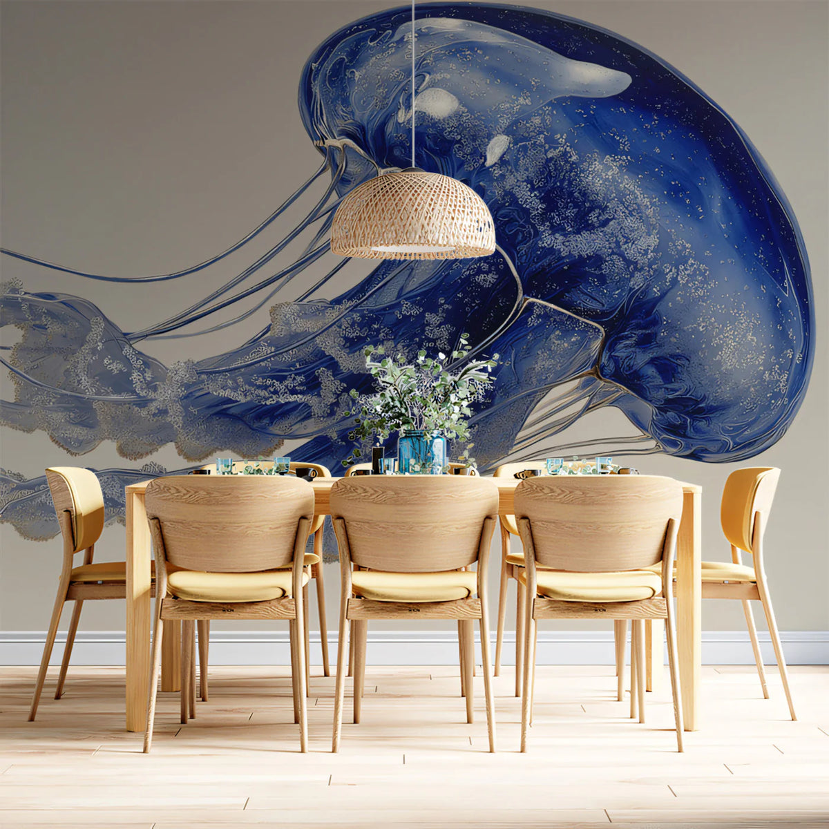 Glassy Jellyfish Mural Wallpaper — Surreal Blue Marine Art Mural Wallpaper - room preview 02