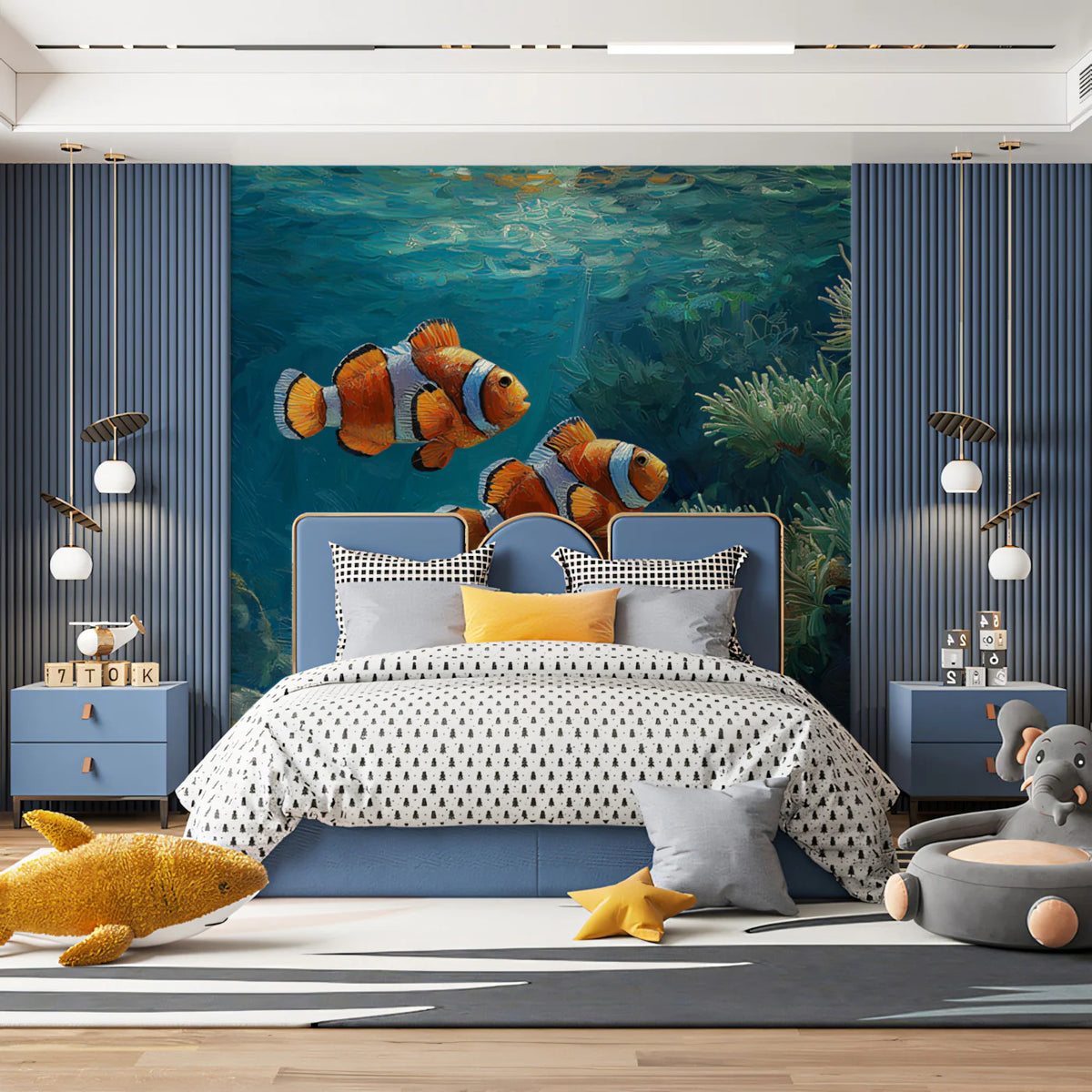 Clownfish Reef Mural Wallpaper — Impressionistic Aquatic Art Mural Wallpaper - room preview 02