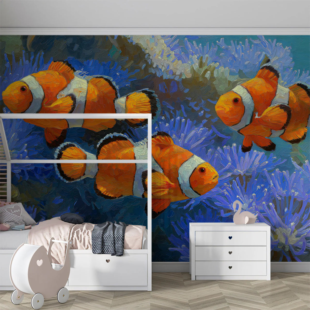 Impressionist Clownfish Mural Wallpaper — Vibrant Underwater Art Mural Wallpaper - room preview 02